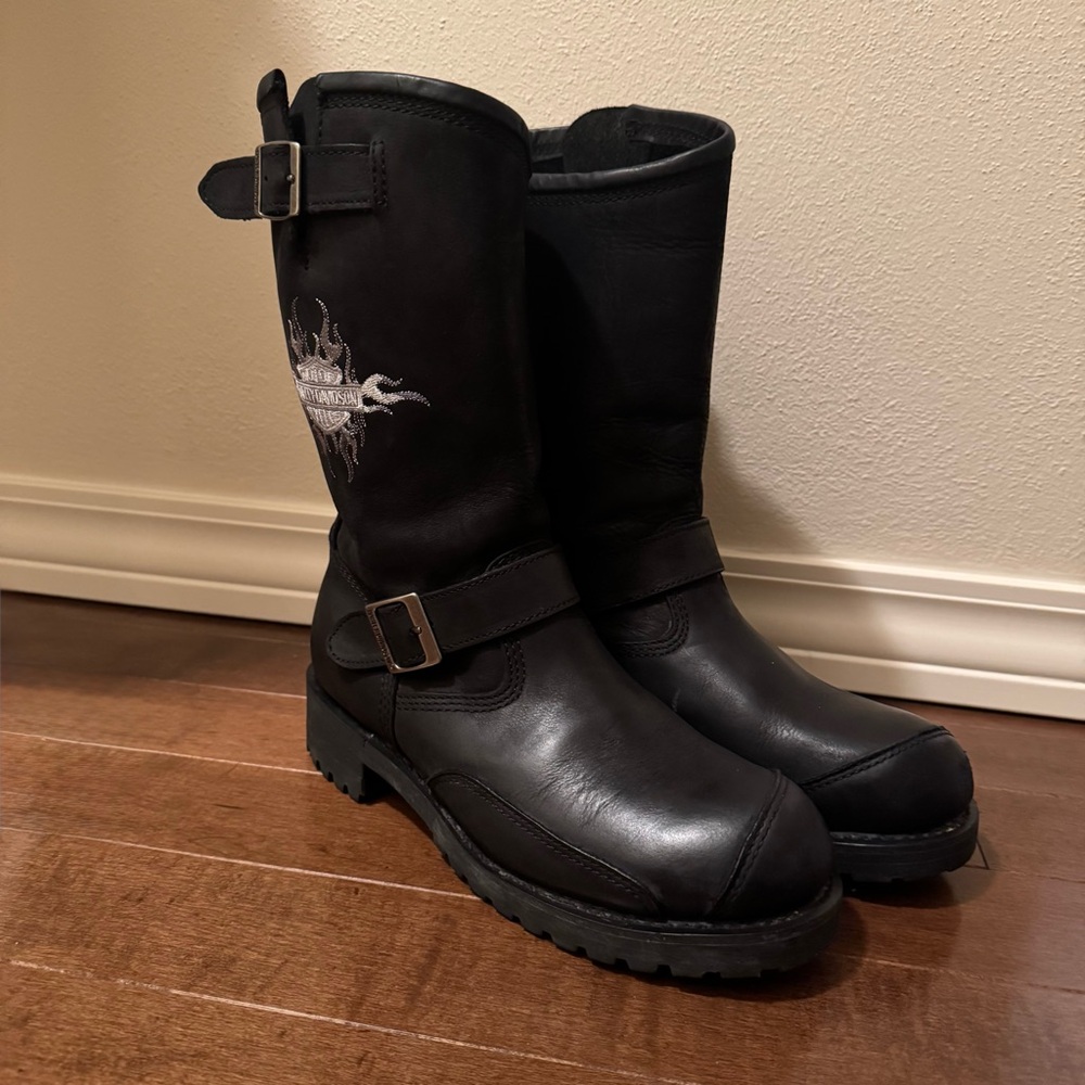 Harley-Davidson Men’s Silver Flame Black Leather Motorcycle Boots Size 10